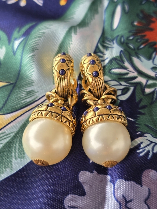 Loewe Jewelry - Loewe Vintage Gold-Tone Pearl Drop Clip On 2.25"Earrings with Blue Accents